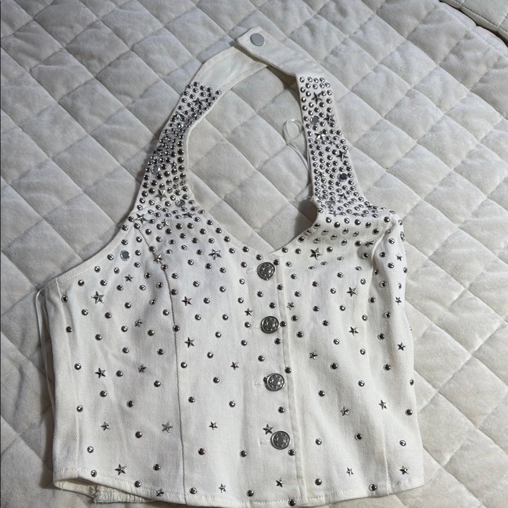 Studded White Halter Crop Top with Star Accents